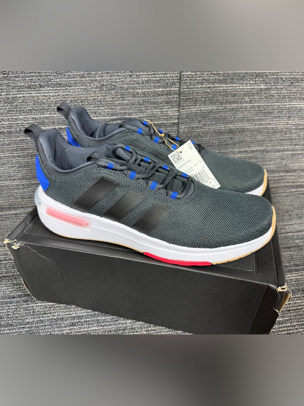 Adidas Racer TR23 Dark Gray Mesh Sneakers with Blue Accents New 
Men’s 10 & 13